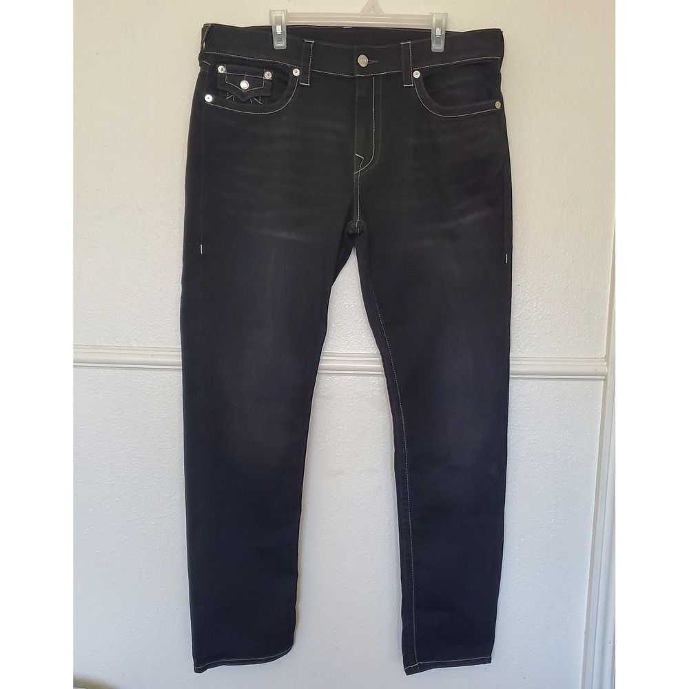 True Religion Geno Relaxed Slim Jeans Black Contrast Stitching Mens 38x32